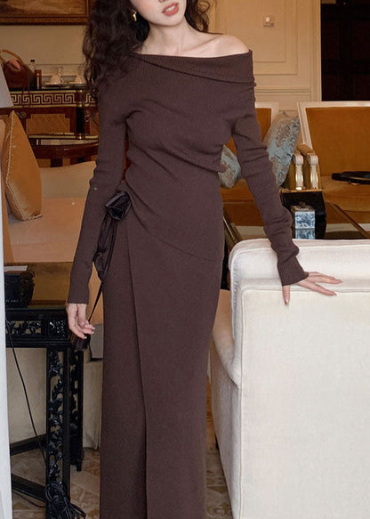 Slim Fit Camel Asymmetrical Tie Waist Sweaters and Maxi Skirts Wool Knit Two Pieces Set Winter