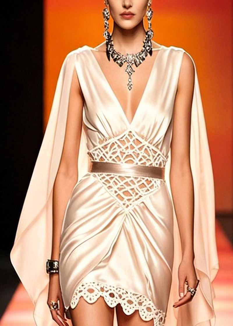 Slim Fit Champagne Color Asymmetrical Hollow Out Patchwork Silk Mid Dress Summer