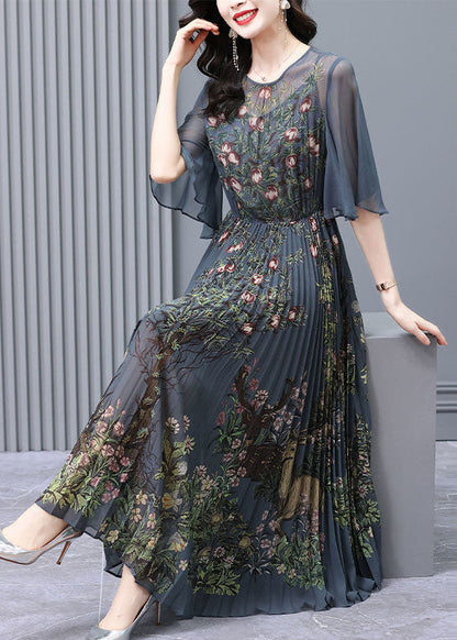 Slim Fit Charcoal Grey Print Exra Large Hem Chiffon Pleated Dress Flare Sleeve
