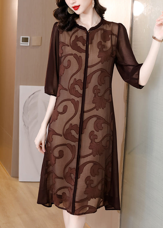 Slim Fit Coffee O-neck Print Silk Maxi Dresses Summe