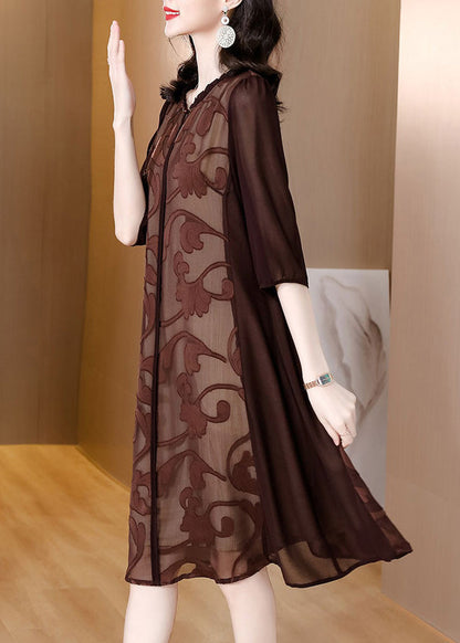 Slim Fit Coffee O-neck Print Silk Maxi Dresses Summe
