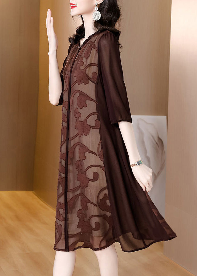Slim Fit Coffee O-neck Print Silk Maxi Dresses Summe
