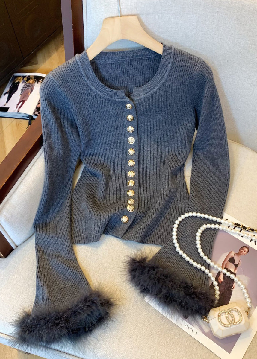 Slim Fit Dark Gray Fluffy Patchwork Knit Sweater Flare Sleeve