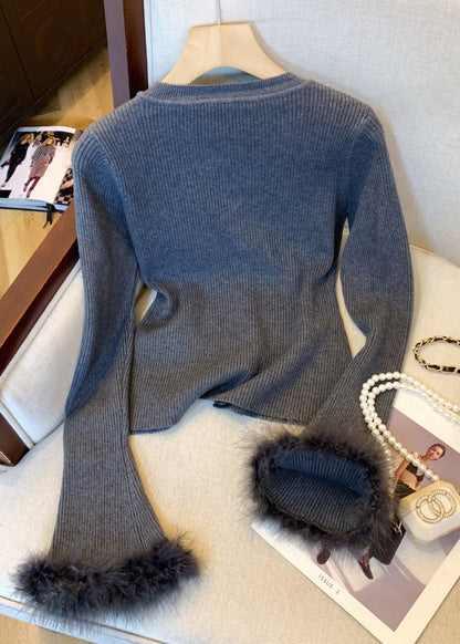 Slim Fit Dark Gray Fluffy Patchwork Knit Sweater Flare Sleeve