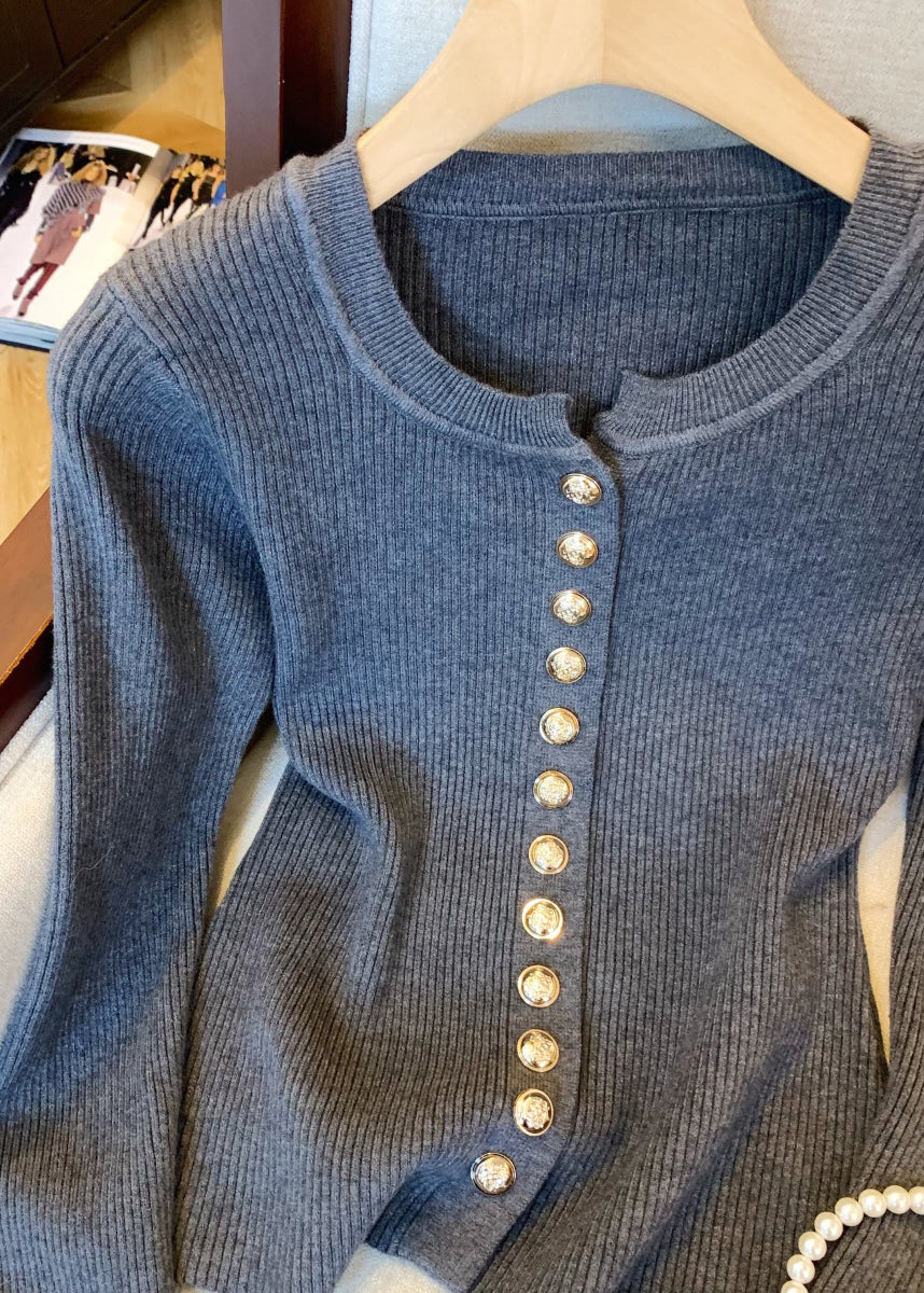Slim Fit Dark Gray Fluffy Patchwork Knit Sweater Flare Sleeve