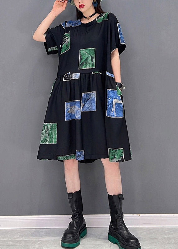 Slim Fit Green O-neck Asymmetrical Print Wrinkled Pockets Dress Short Sleeve