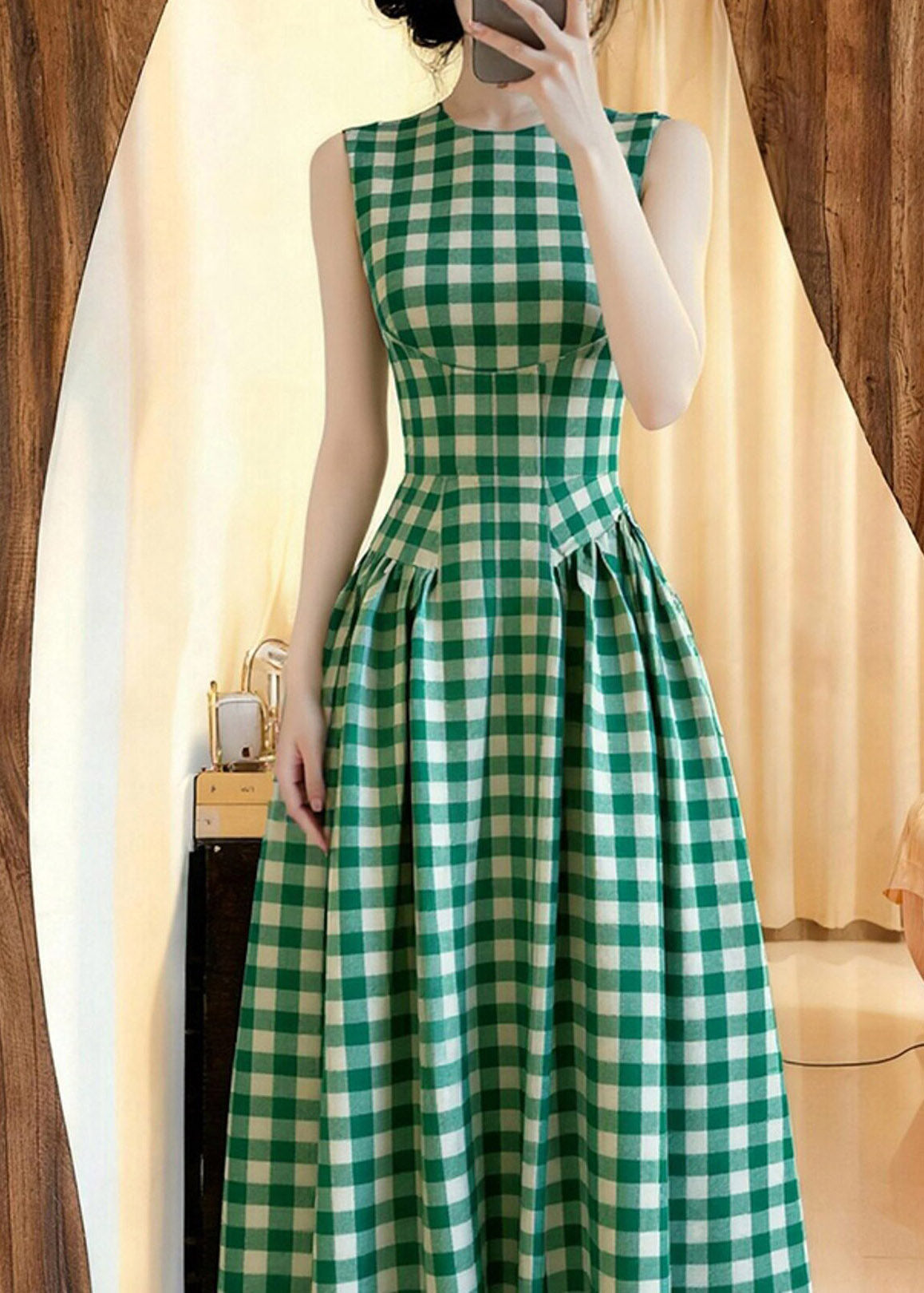 Slim Fit Green O-neck Plaid Tunic Long Dresses Summer
