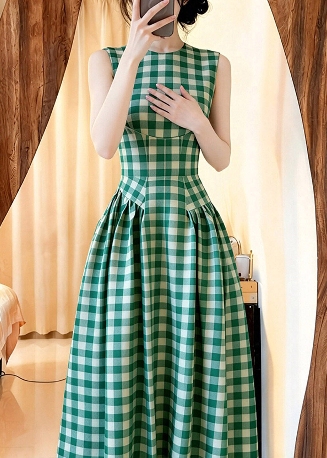 Slim Fit Green O-neck Plaid Tunic Long Dresses Summer