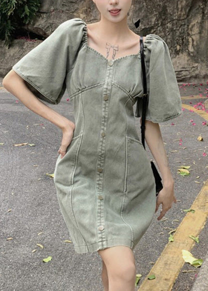 Slim Fit Grey Green Patchwork Button Denim Mid Dress Summer