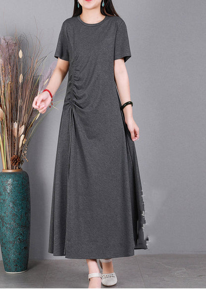 Slim Fit Grey O-neck Cotton Long Dresses Short Sleeve