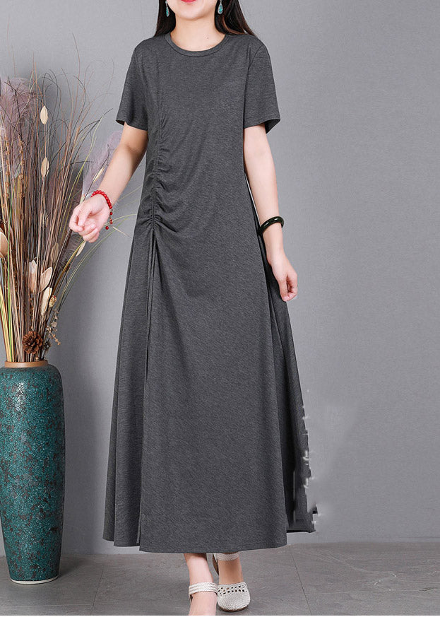 Slim Fit Grey O-neck Cotton Long Dresses Short Sleeve