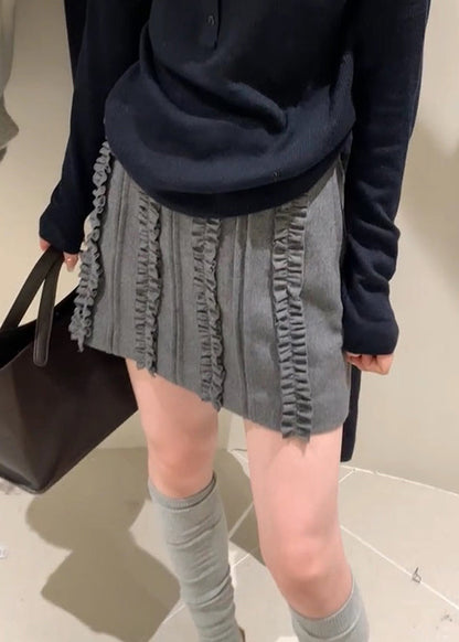 Slim Fit Grey Ruffled High Waist Woolen Skirts Fall