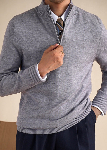 Slim Fit Grey Stand Collar Zip Up Knit Sweaters Winter