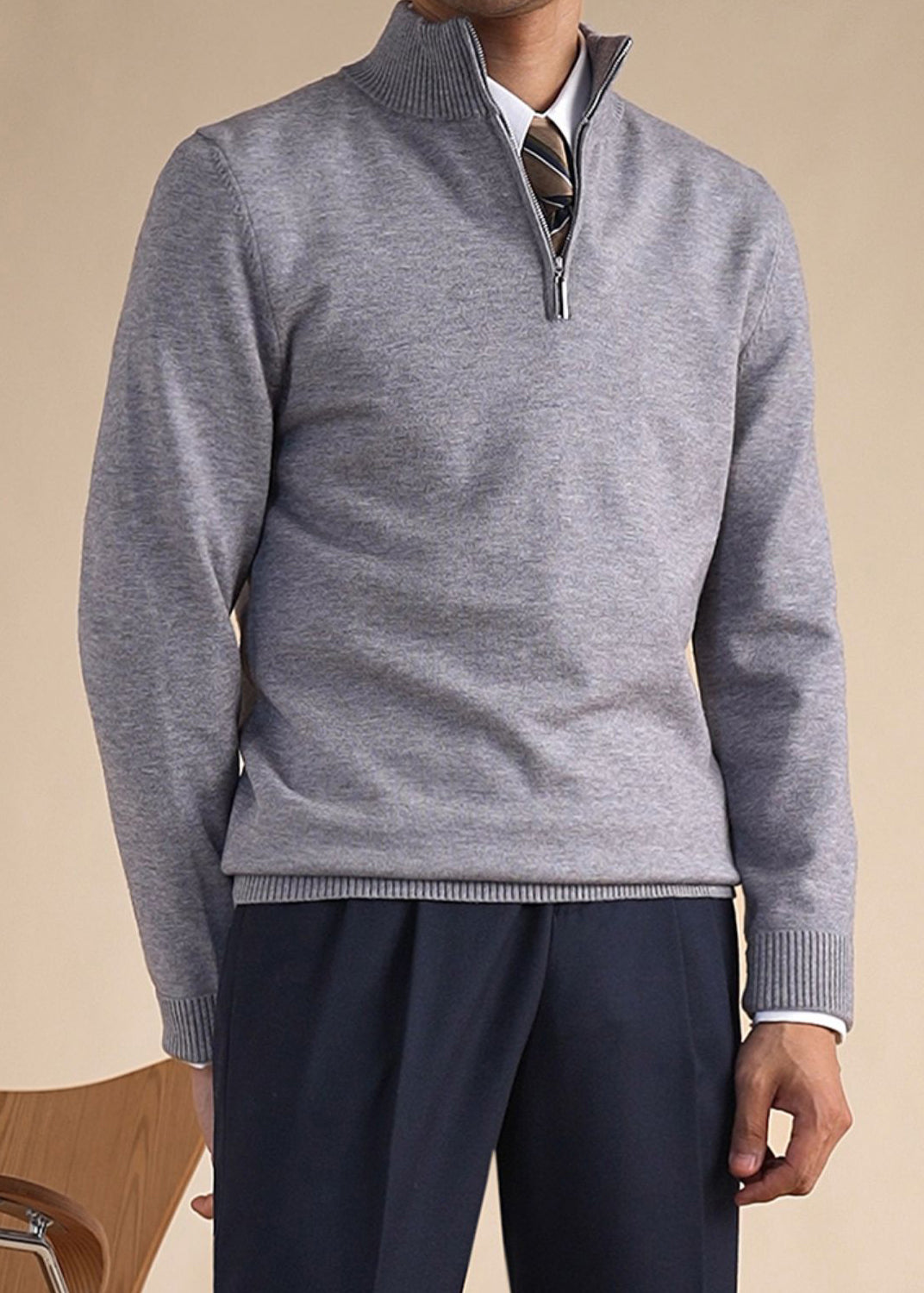 Slim Fit Grey Stand Collar Zip Up Knit Sweaters Winter