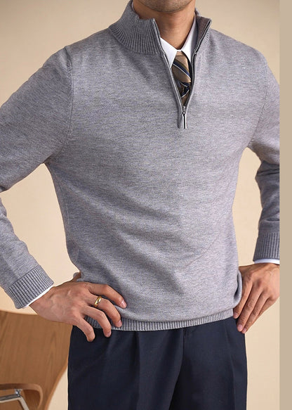 Slim Fit Grey Stand Collar Zip Up Knit Sweaters Winter