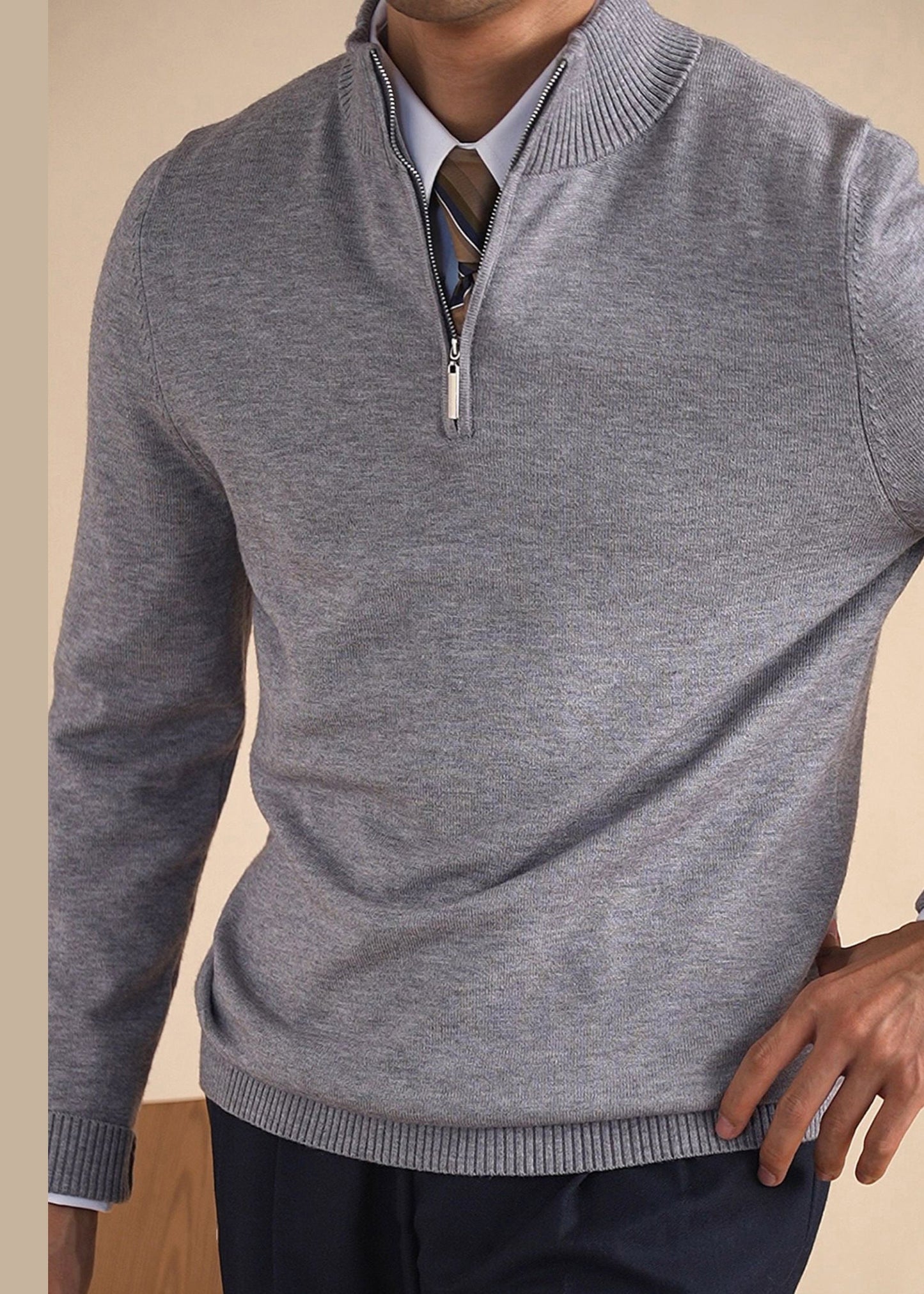 Slim Fit Grey Stand Collar Zip Up Knit Sweaters Winter