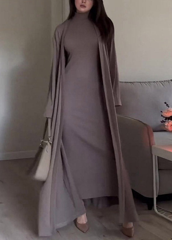 Slim Fit Grey Turtleneck Cardigans and Long Dress Two Piece Set Fall