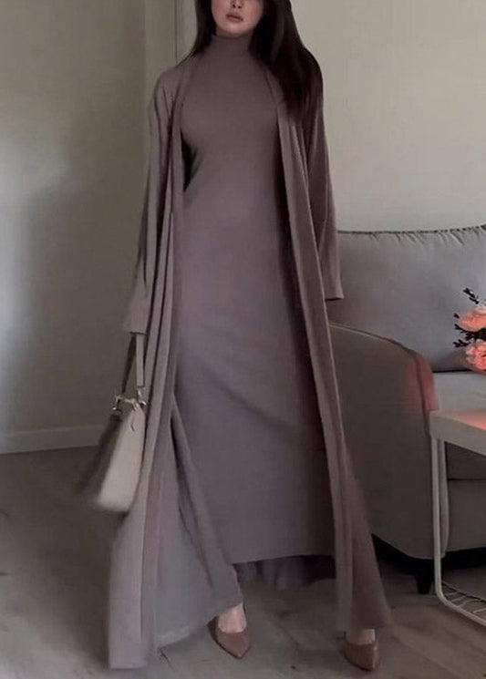 Slim Fit Grey Turtleneck Cardigans and Long Dress Two Piece Set Fall