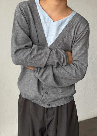 Slim Fit Grey V Neck Button Patchwork Knitting Cotton Sweater Fall