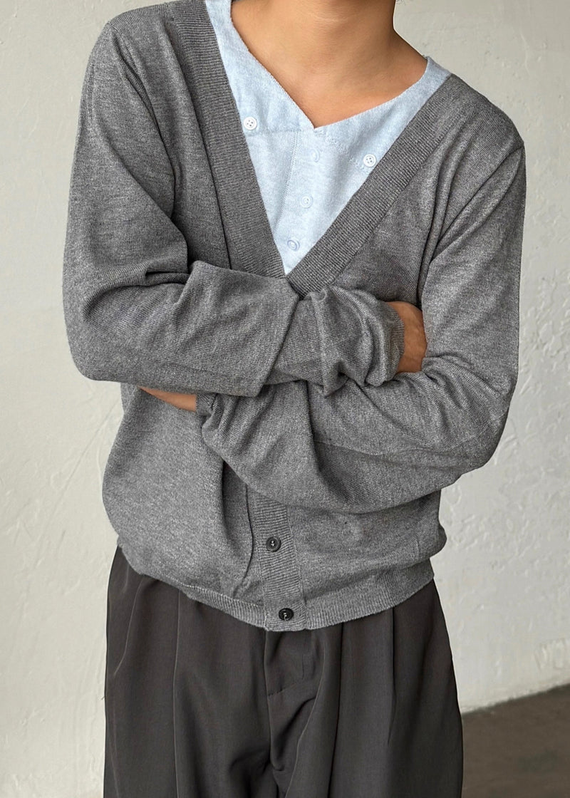 Slim Fit Grey V Neck Button Patchwork Knitting Cotton Sweater Fall