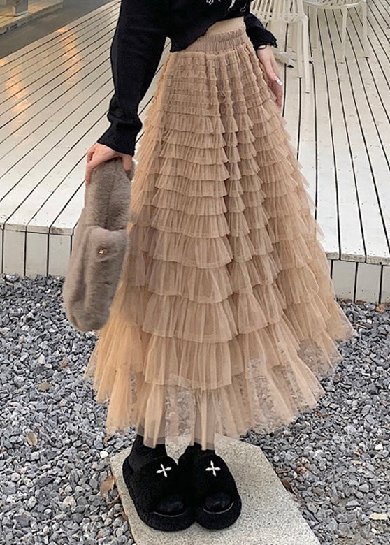 Slim Fit Khaki Elastic Waist Tulle a Line Skirts Spring
