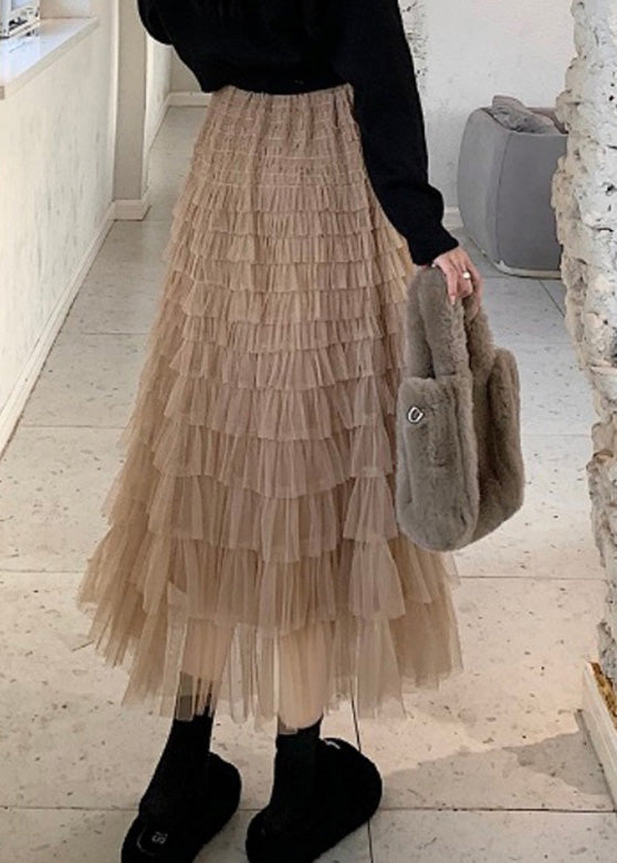 Slim Fit Khaki Elastic Waist Tulle a Line Skirts Spring