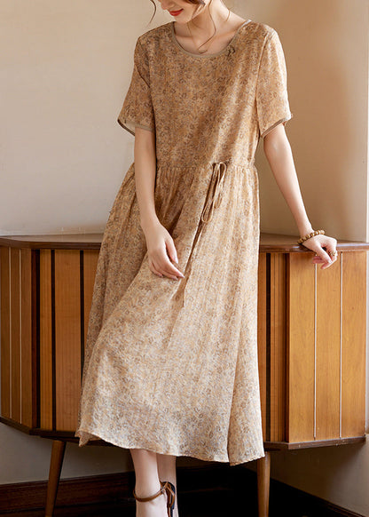 Slim Fit Khaki O-neck Print Silk Long Dresses Summer
