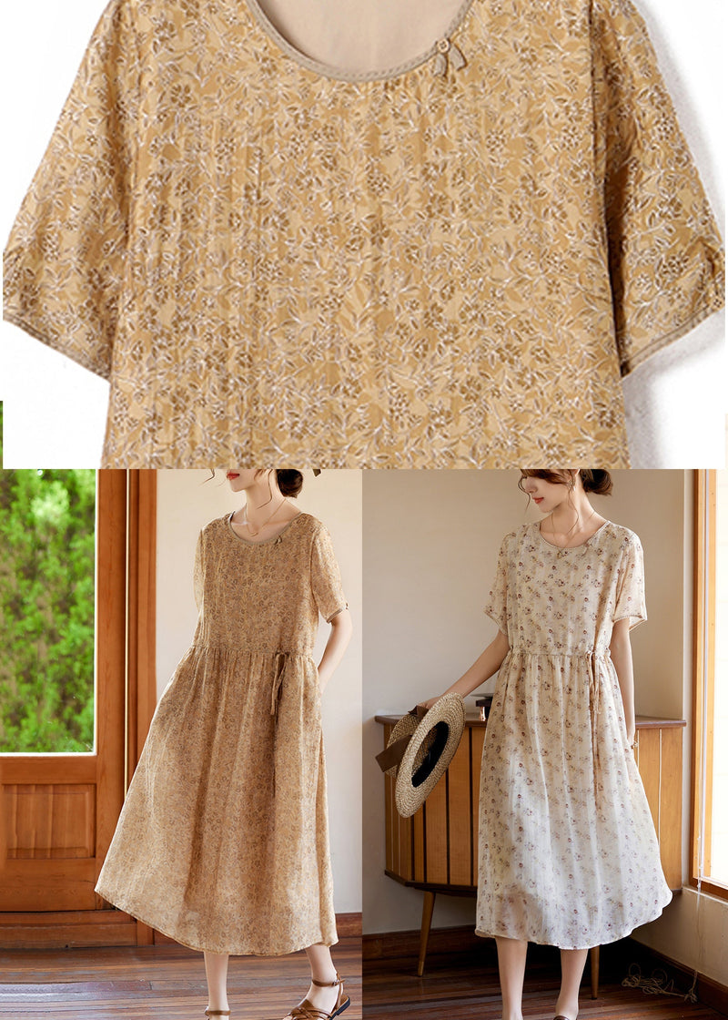 Slim Fit Khaki O-neck Print Silk Long Dresses Summer