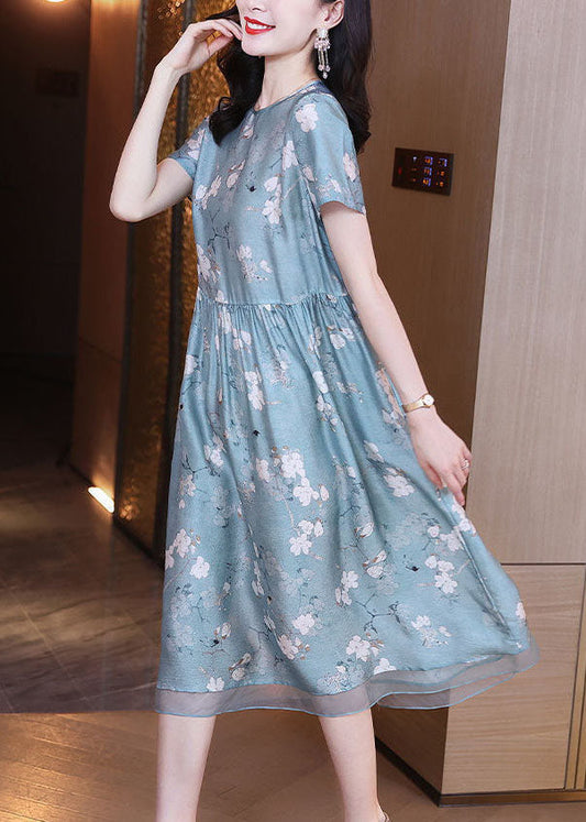 Slim Fit Light Blue O-neck Patchwork Print Silk Dress Summer