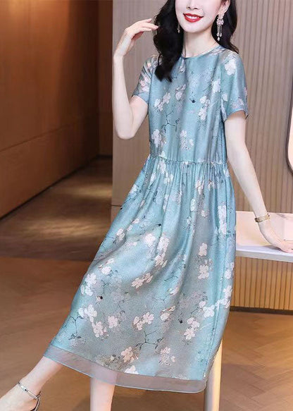 Slim Fit Light Blue O-neck Patchwork Print Silk Dress Summer