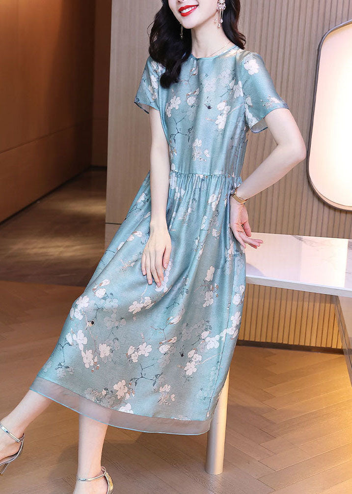 Slim Fit Light Blue O-neck Patchwork Print Silk Dress Summer