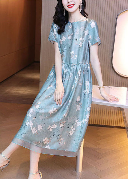 Slim Fit Light Blue O-neck Patchwork Print Silk Dress Summer