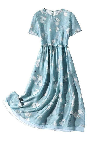 Slim Fit Light Blue O-neck Patchwork Print Silk Dress Summer