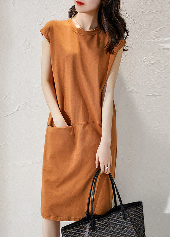 Slim Fit Orange O-neck Pockets Long Dress Short Sleeve