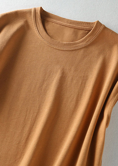 Slim Fit Orange O-neck Pockets Long Dress Short Sleeve