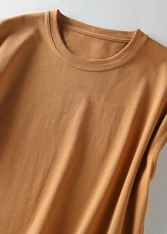 Slim Fit Orange O-neck Pockets Long Dress Short Sleeve