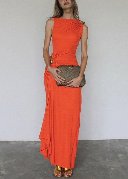 Slim Fit Orange Wrinkled Metal Button Maxi Dresses Summer