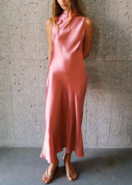 Slim Fit Pink Turtleneck Button Silk Long Dress Sleeveless