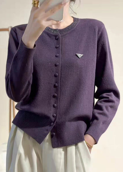 Slim Fit Purple O Neck Button Knit Coats Winter