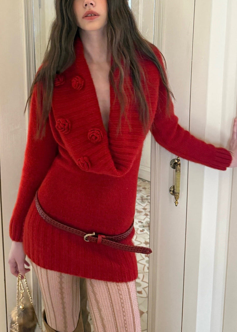 Slim Fit Red Sashes Cotton Knit Mid Sweater Dress Spring