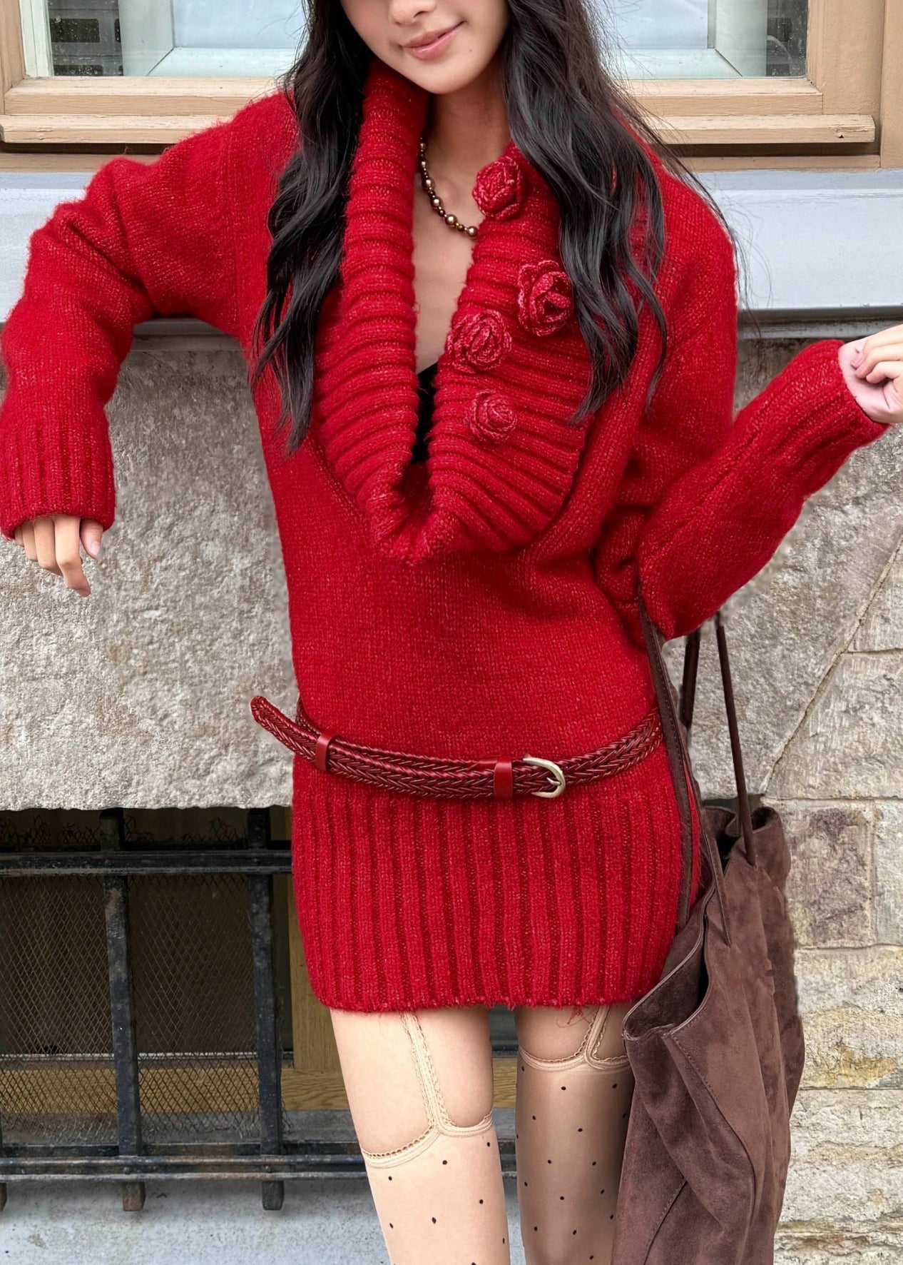 Slim Fit Red Sashes Cotton Knit Mid Sweater Dress Spring