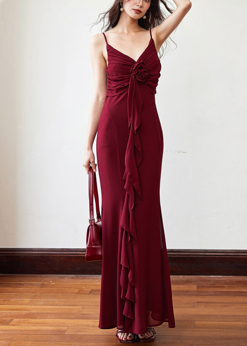 Slim Fit Red V Neck Wrinkled Chiffon Maxi Dresses Sleeveless