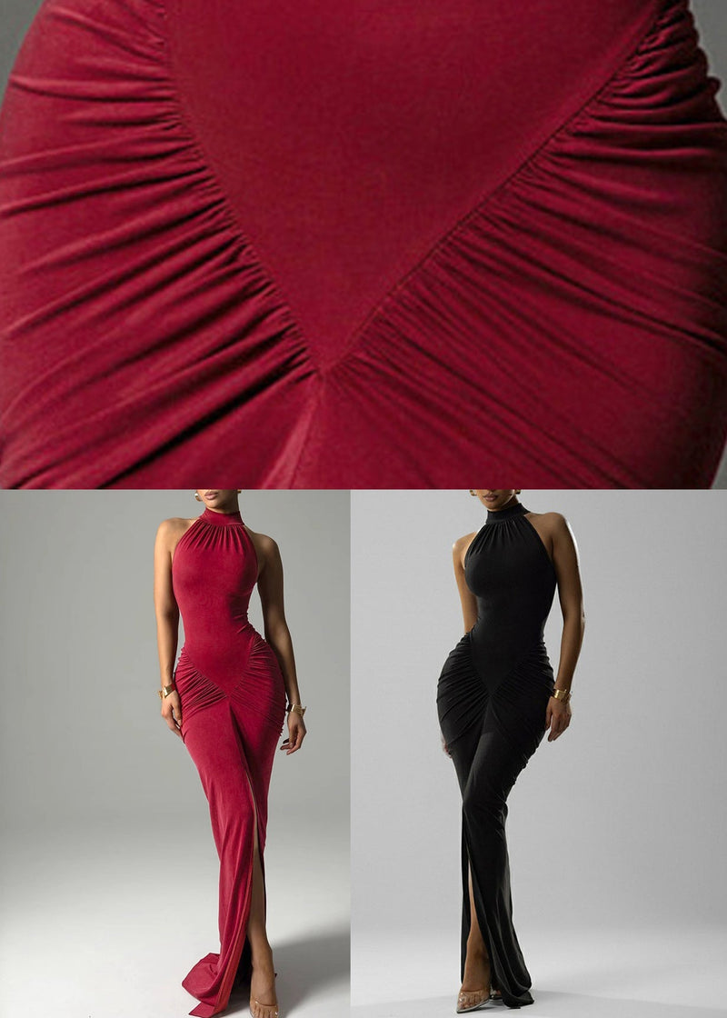 Slim Fit Red Wrinkled Side Open Cotton Long Dress Sleeveless