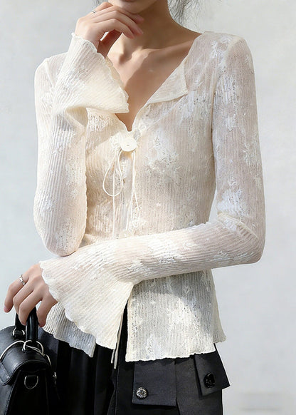 Slim Fit White Embroidered Lace Up Thin Shirts Flare Sleeve
