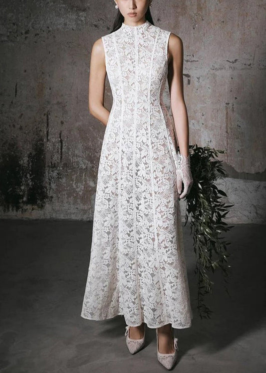 Slim Fit White High Waist Lace Long Dress Sleeveless