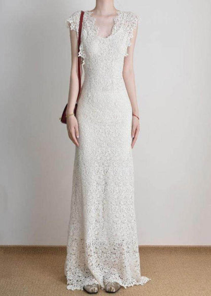 Slim Fit White Holiday Lace Long Dress O-neck Short Sleeve
