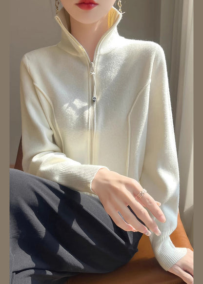 Slim Fit White Stand Collar Zip Up Knit Coats Fall