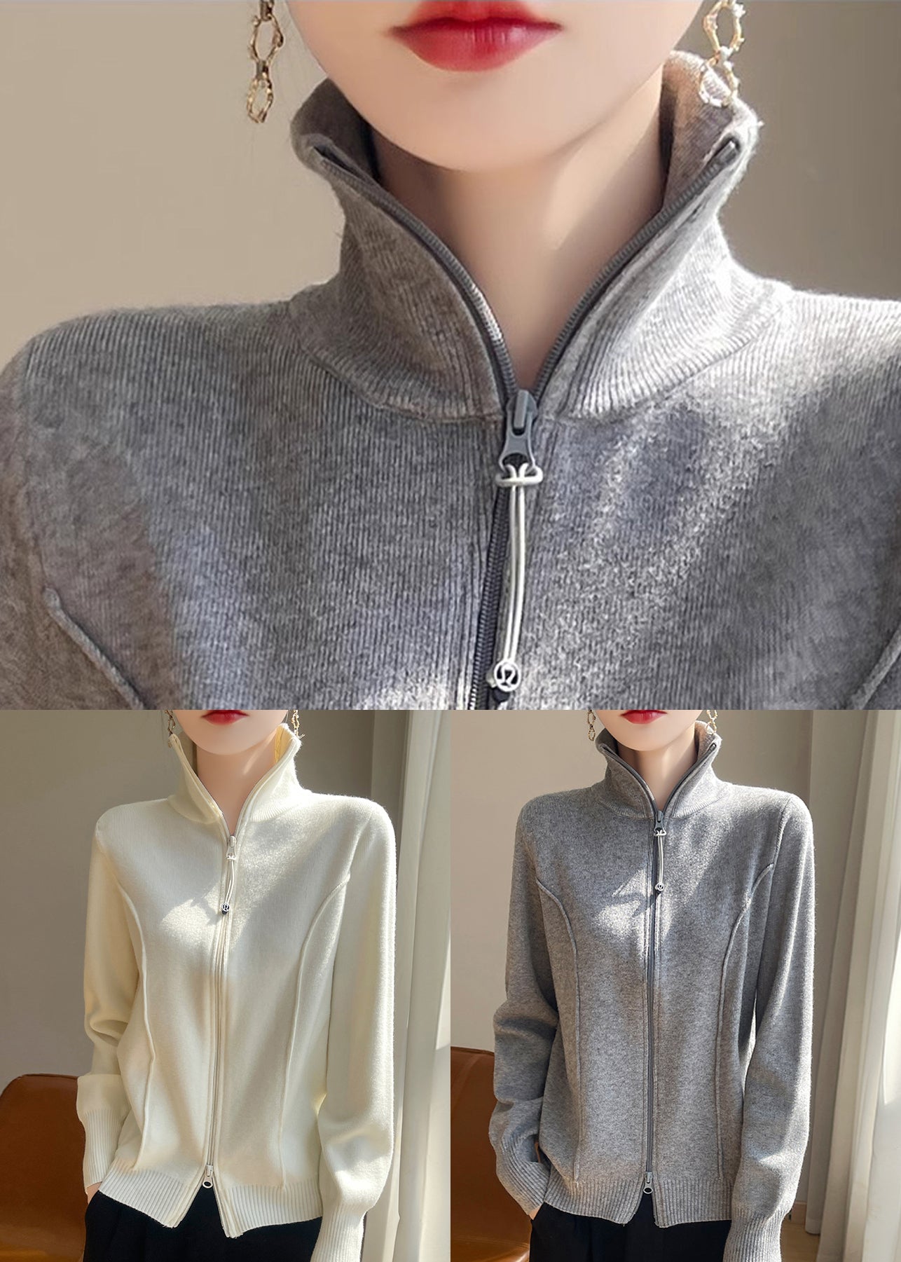 Slim Fit White Stand Collar Zip Up Knit Coats Fall
