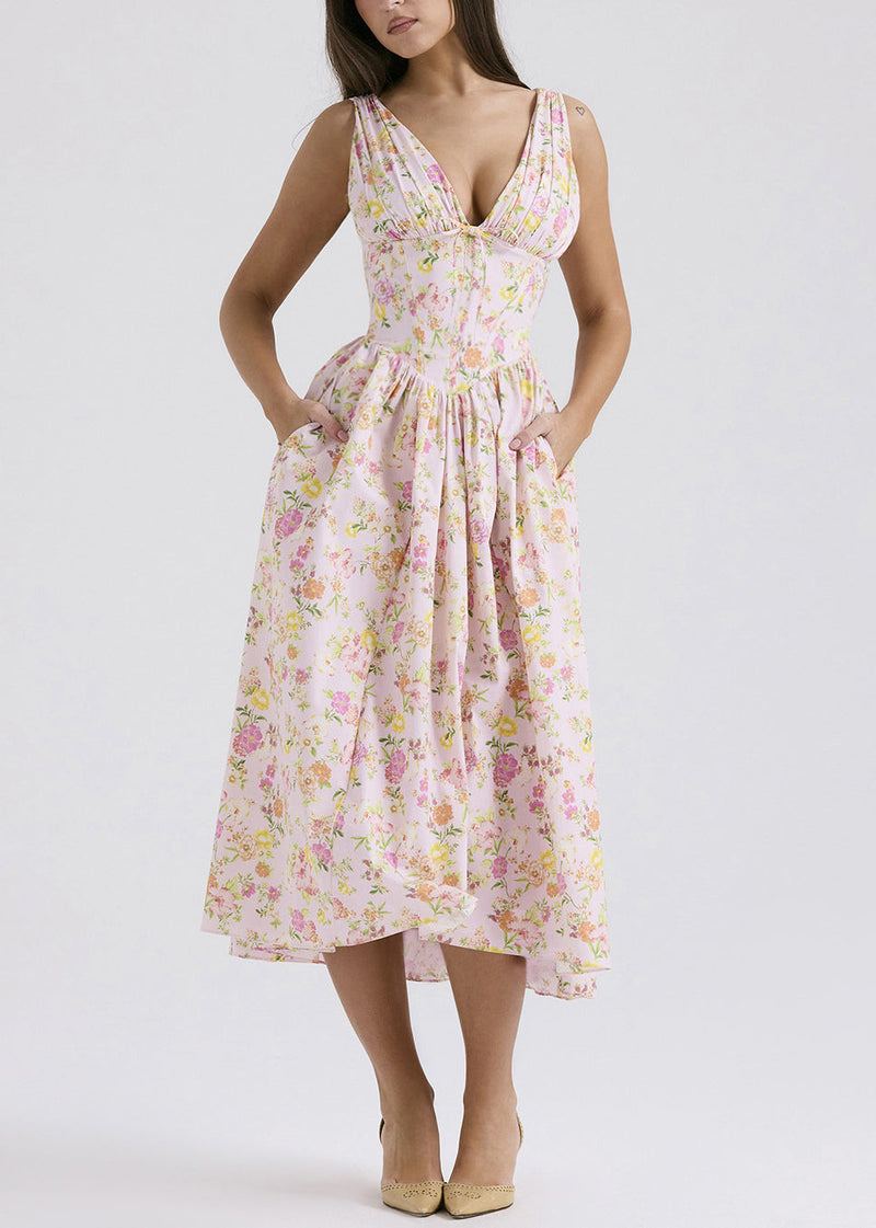 Slim Fit White V Neck Print Pockets Cotton Dresses Sleeveless