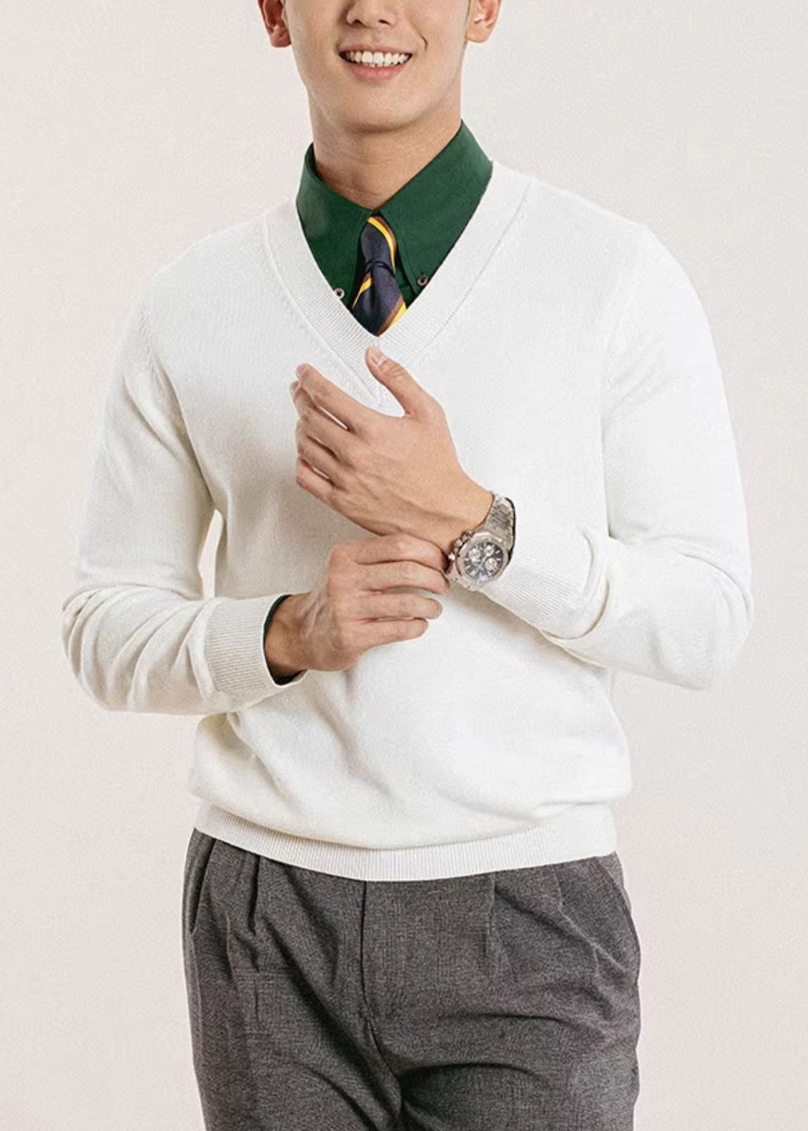 Slim Fit White V Neck Knit Sweater Fall